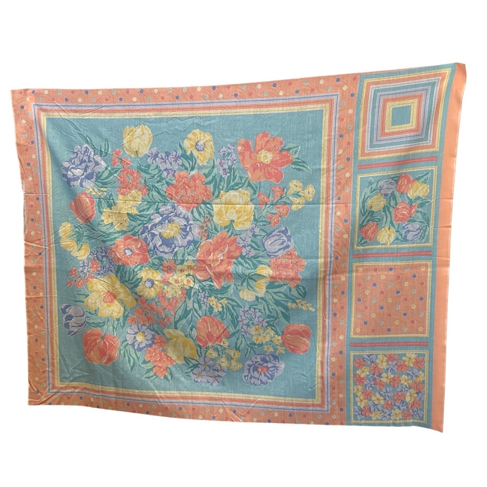 Vintage 1980s Floral Cotton Sheet Pastel Teal Peach Springs Industries Charming